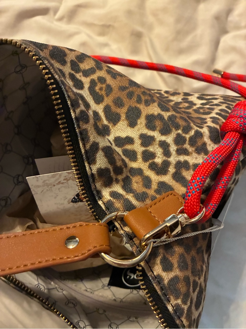 Leopard Print Shoulder Bag with Red Rope Accent
